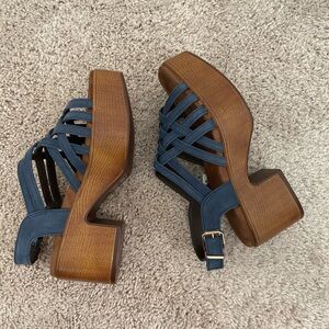 House of Harlow 1960 Georgia Wedge Hill Shoes in Denim Leather